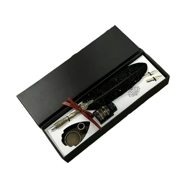 Feather Pen Set, Retro Style Carved Design, Personalized Pens, with Ink, 2 Replacement Tips, Fountain Pen Stand Base, Black