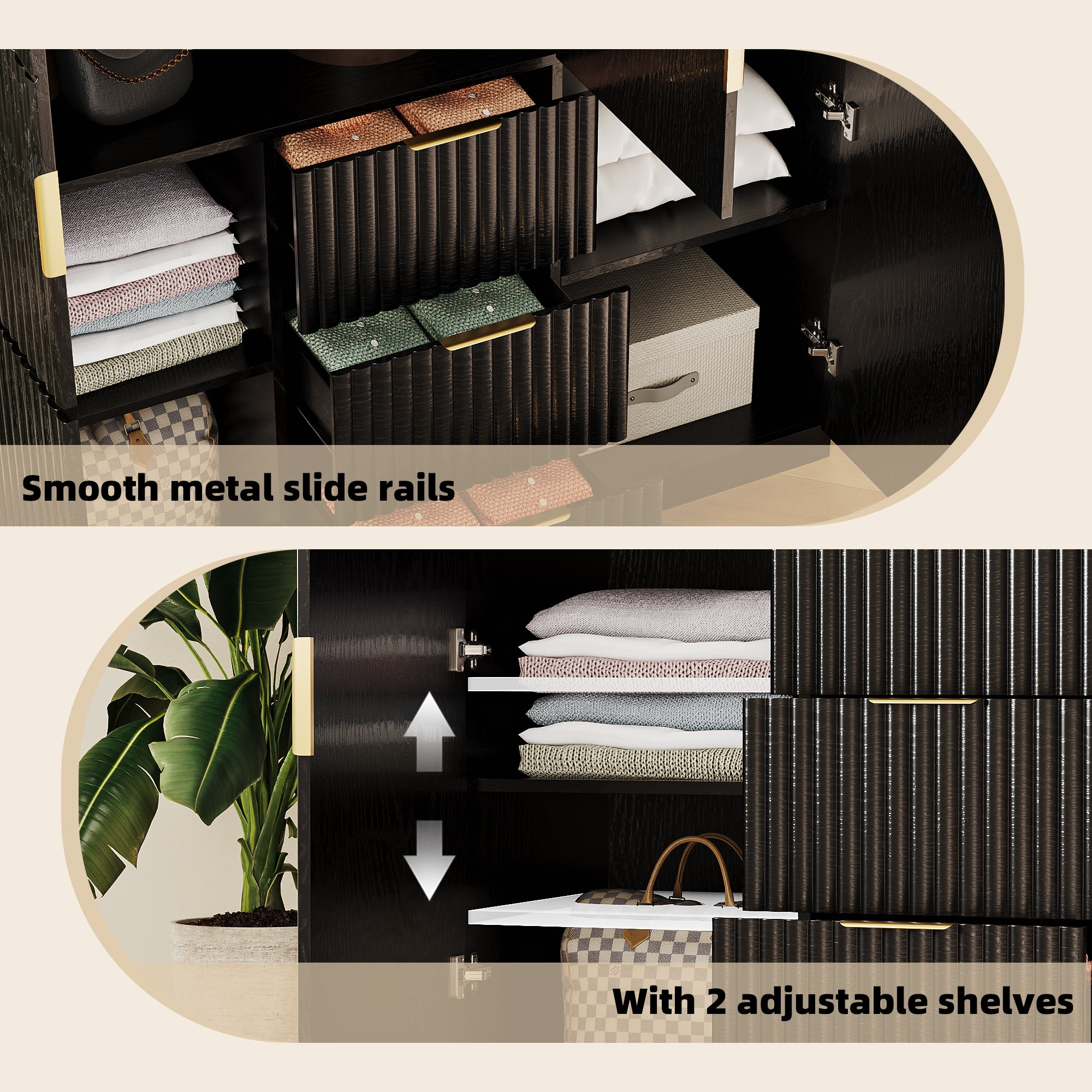 UGTOO 47.2" Wardrobe Closet with 3 Hanging Rods, 3 Drawers & 2 Cabinets - Modern Wooden Storage Armoire for Bedroom, Black