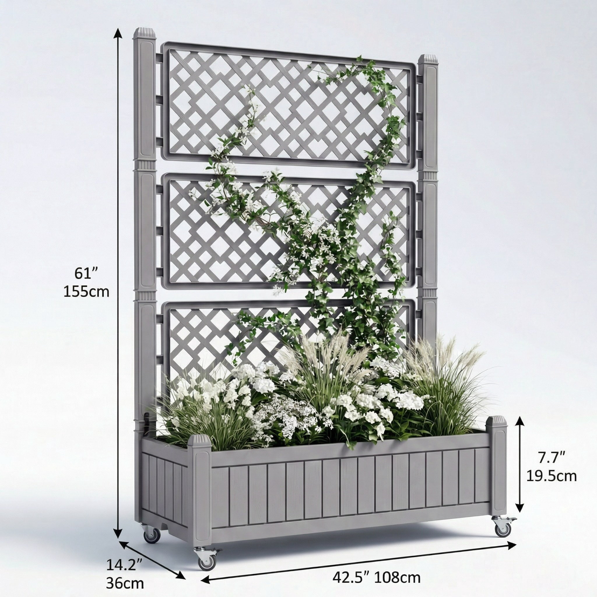Uforic Outdoor 42.5x14.2x61 in Privacy Screen & Planter Box with Trellis, Raised Garden Bed with Wheels & Drain Plug, All-Weather Light Brown Planter for Climbing Plants, Flowers, Herbs