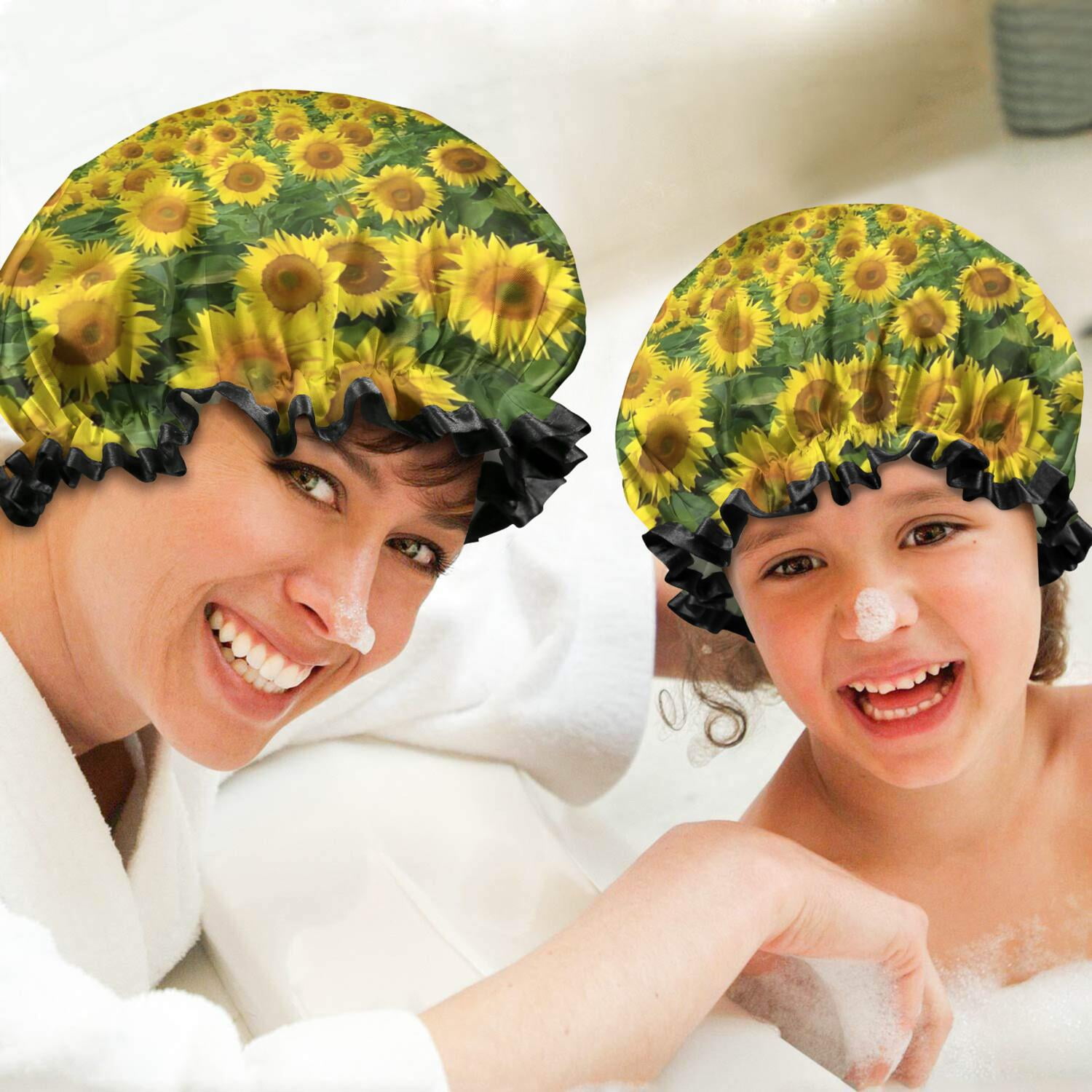 Shower Caps,Blue Sky Sunflower Field Pattern Waterproof Shower Cap for Women 4 Pieces,Double Reusable Hair Cover for Shower PEVA Elastic Stretch Hem