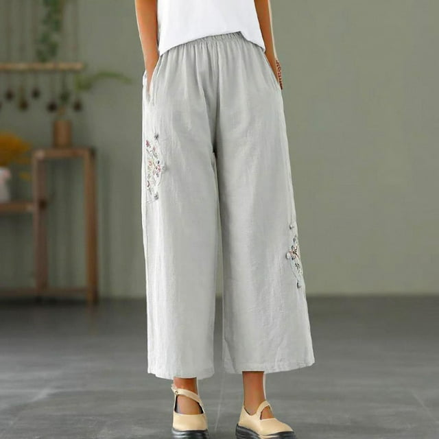 Babysbule Long Pants for Women Pants For Ladies Casual Summer Drawstring Elastic High Waist Linen Pant Pockets Cropped Trouser