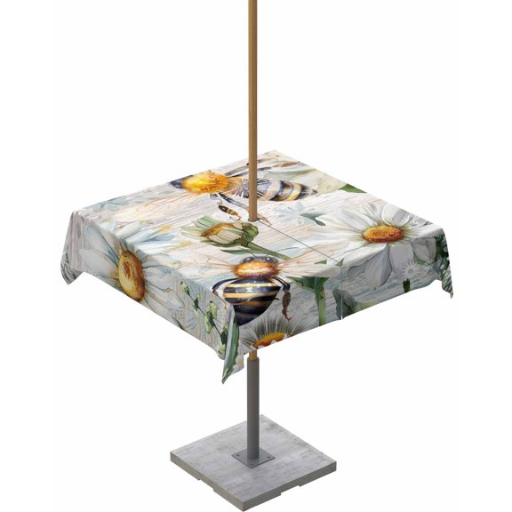 Boanket Outdoor Tablecloth with Umbrella Hole for Patio/Picnic/Party/Camping, Summer Botanical Waterproof Table Cloth Square Cover Washable, White Daisy Botanical Bee Farmhouse (60"x 60")