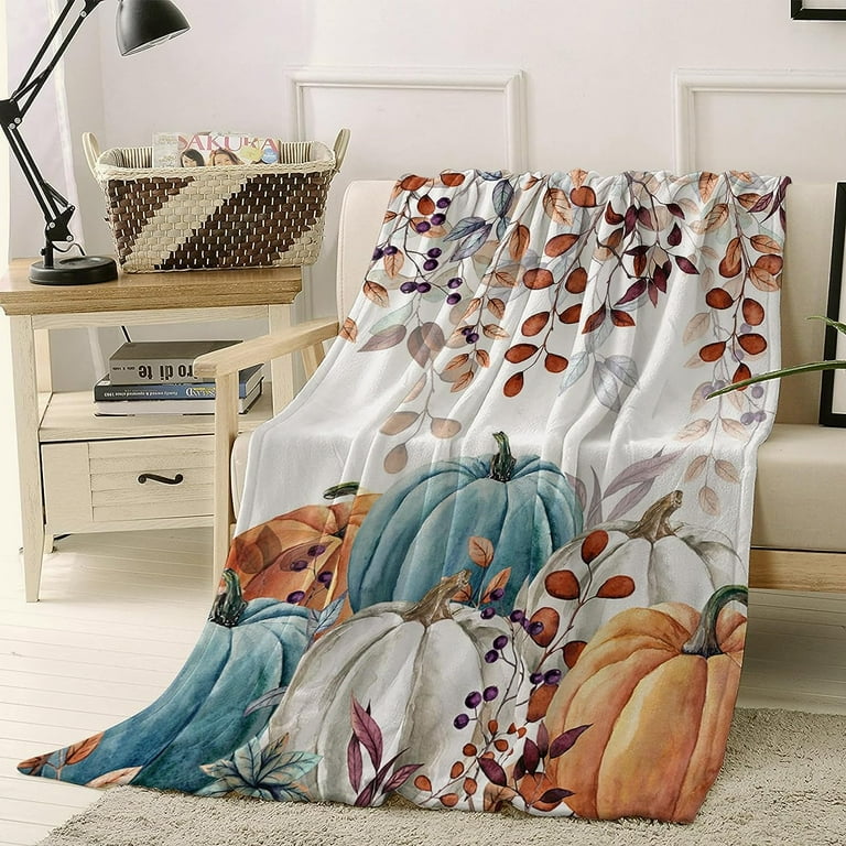 Fall Thanksgiving Throw Blankets Watercolor Autumn Pumpkins Terracotta Eucalyptus Leaves Soft Fleece Blanket Decorative for Home Sofa Couch Chair