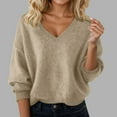 thumbnail image 2 of Sweater for Women Solid Long Sleeve V Neck Fuzzy Knitted Casual Trendy Outfits Beige, 2 of 4