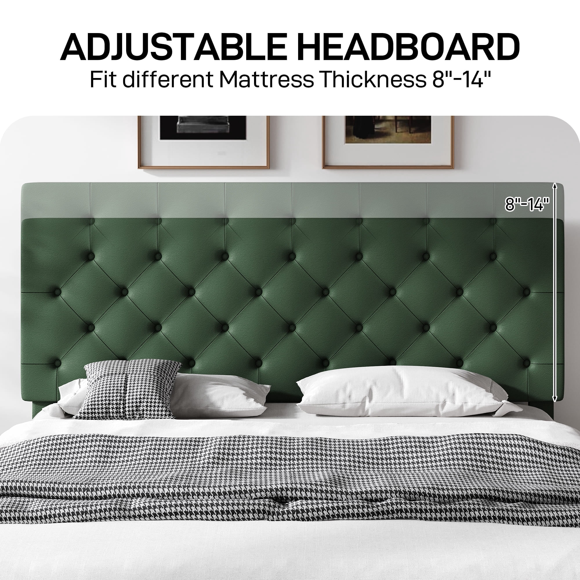 4 EVER WINNER Queen Size Bed Frame with Button Tufted Headboard, Upholstered Platform Bedframe with Wood Slat Support, Box Spring Needed, Noise Free, Easy Assembly, Faux Leather & Green