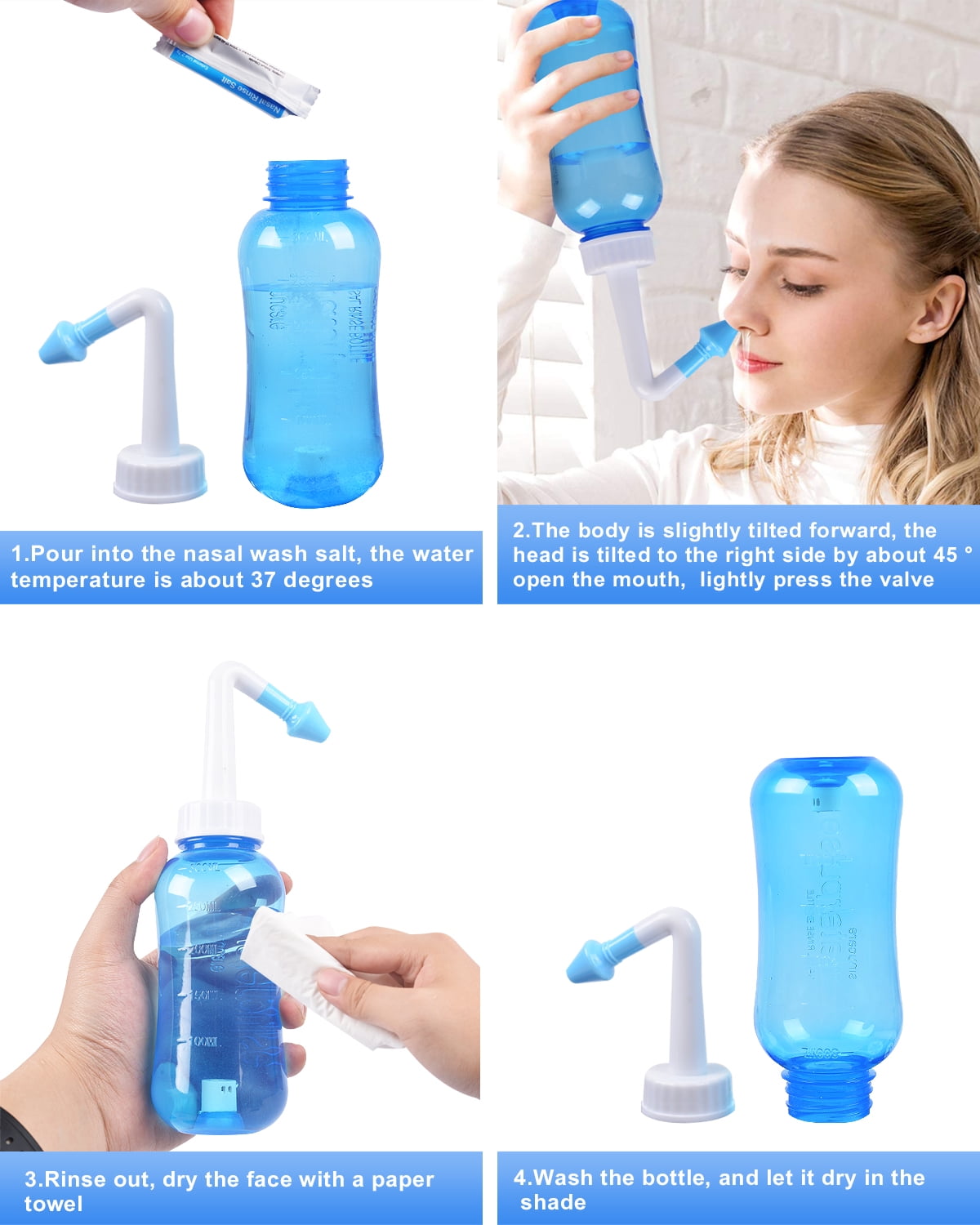 Neti Pot Sinus Rinse Wash Bottle Nose Cleaner Pressure Nasal Irrigation for Adult Kid 300 ML with 30 Nasal Wash Salt Packets and Sticker