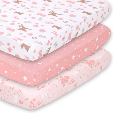 The Peanutshell Pack n Play, Mini Crib, Portable Crib or Fitted Playard Sheets for Baby Girl, 3 Pack Set, Pink Woodland Floral
