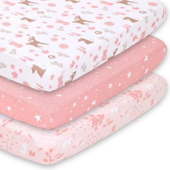Sábanas Ajustables para Cuna Portátil The Peanutshell Woodland Floral Rosa Juego de 3
