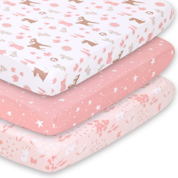 Sábanas Ajustables para Cuna Portátil The Peanutshell Woodland Floral Rosa Juego de 3