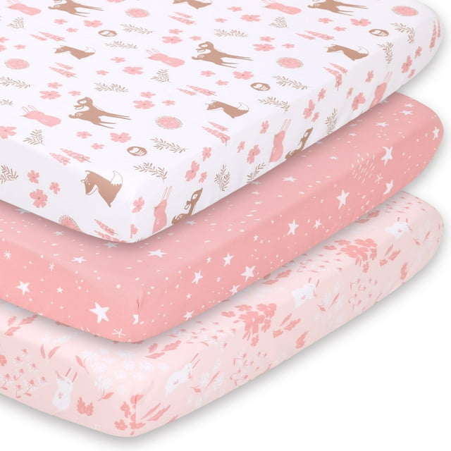 Sábanas Ajustables para Cuna Portátil The Peanutshell Woodland Floral Rosa Juego de 3