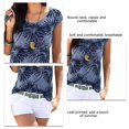 thumbnail image 2 of Camisa de manga corta para mujer, Top con cuello redondo, Camisa estampada con hojas, Top informal holgado de verano, azul marino XXL, 2 of 3