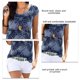 thumbnail image 2 of Camisa de manga corta para mujer, Top con cuello redondo, camisa con estampado de hojas, Top informal holgado de verano, azul marino XL, 2 of 3