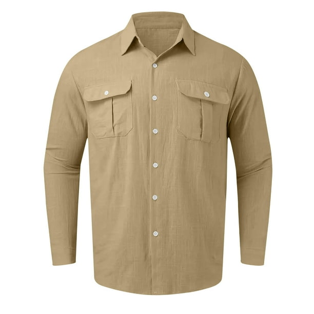 Pitauce Mens Long Sleeve Button Down Linen Shirts Solid Lapel Big