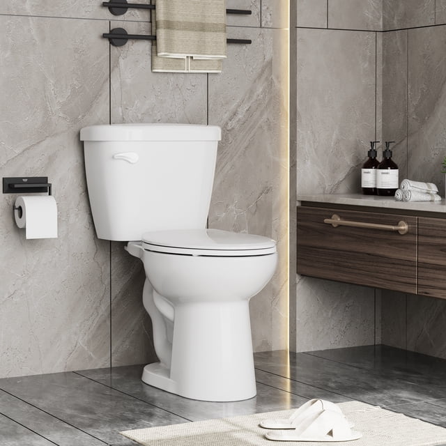 EDTara White Elongated Toilet, Two-Piece Design With 1.28 Gpf Powerful Flush, 16 Inch Comfort Height, 19 Inch Extended Bowl, Slow Close Seat, and 12 Inch Rough In