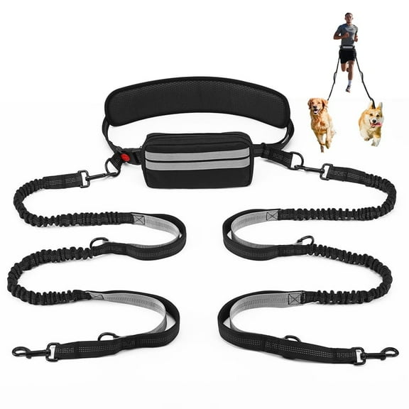 shuaien Hands Free Dog Leash with Pouch for Two Dogs, Retractable Bungee with Double Padded Handles, Waist-Mounted for Running, Walking, Jogging Friendly Dog Accessories (Black/ Gray)