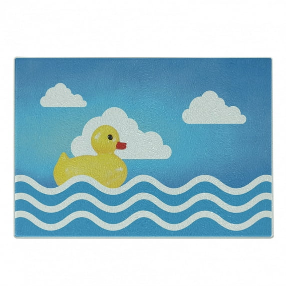 Rubber Duck Cutting Board, Yellow Toy on Wavy Water Inspired Stripes Clouds, Decorative Tempered Glass Cutting and Serving Board, Small Size, Yellow White Blue, by Ambesonne
