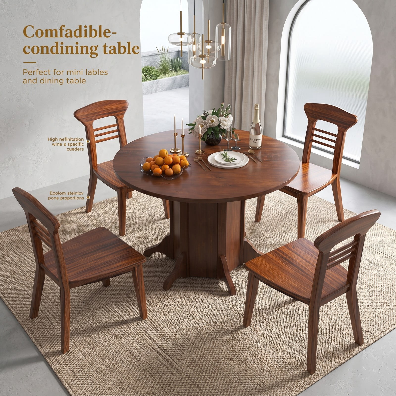 Furnibear Round Dining Table for 4-6 People, 42 Inch Kitchen Dinner Table with Pedestal Base, Waterproof MDF Tabletop with Acacia Wood Veneer for Kitchen, Walnut