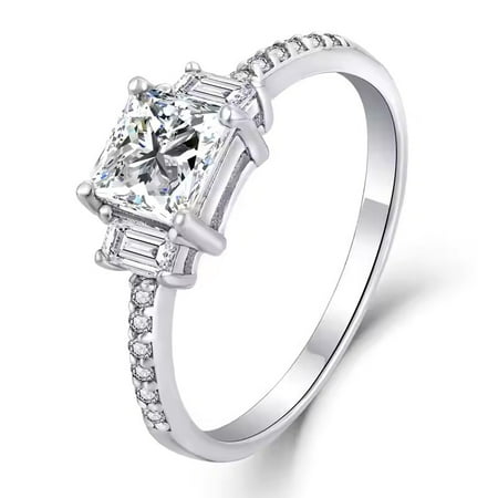 CAUER India 14K White Gold Plated Sterling Silver Moissanite Princess, Baguette & Round Victorian Ring – D-E, VVS1-VVS2, Heat Treated, 6-Month Warranty