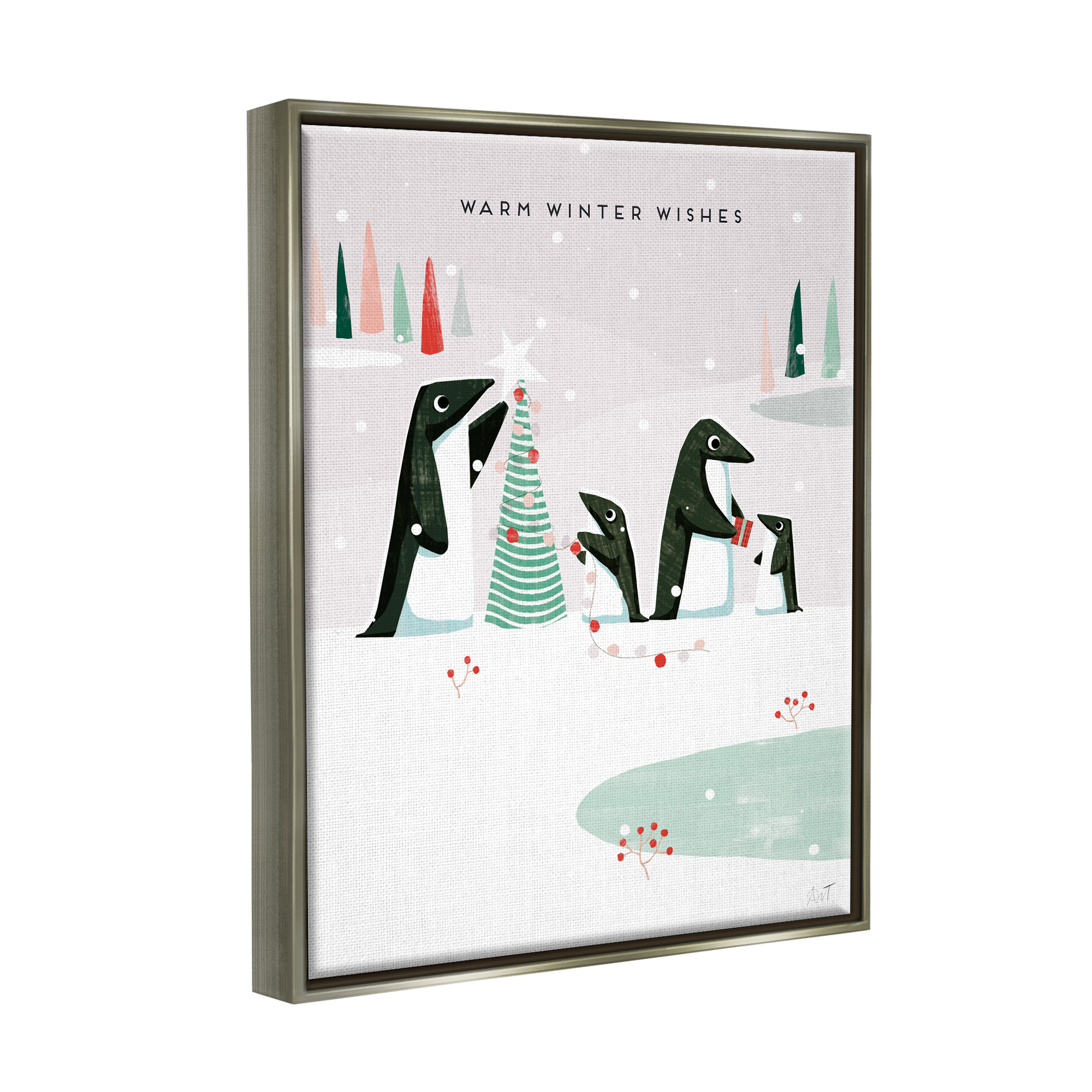 Stupell Industries Warm Winter Wishes Snowy Penguins Holiday Painting Gray Floater Framed Art Print Wall Art