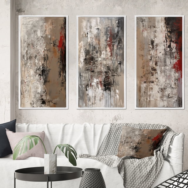 Designart "Fading Passion Retro Beige and Red Abstract II" Abstract Painting Framed Wall Art Set Of 3 - Red Modern Frame Gallery Wall Set For Home Decor