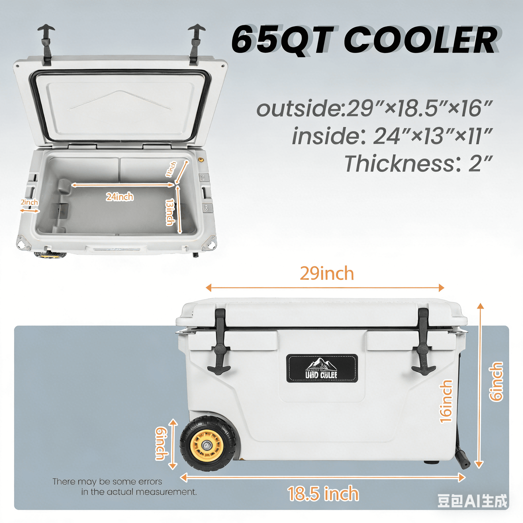 ANYKOON 65 Quart Portable Insulated Cooler, White Heavy-Duty Hard Shell Ice Chest, 6-Day Ice Retention for Camping, Fishing, Beach, Tailgating and Job Site