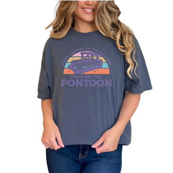 Retro What Happens on the Pontoon, Stays on the Pontoon Art Merch, Denim Comfort Colors T-Shirt, Small