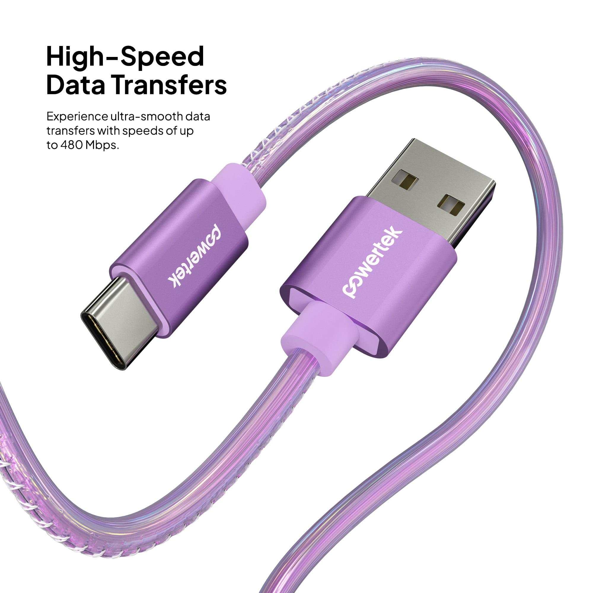 Powertek USB-A to USB-C (Type-C) Metallic Shine Pastel Charging Cable, 6 ft, Purple