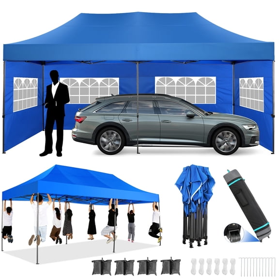 SANOPY 10x20 Heavy Duty Pop up Canopy Tent with 6 sidewalls Easy Up Commercial Outdoor Canopy Wedding Party Tents for Parties All Season Wind & Waterproof Gazebo with Roller Bag,Blue(Frame Thickened)