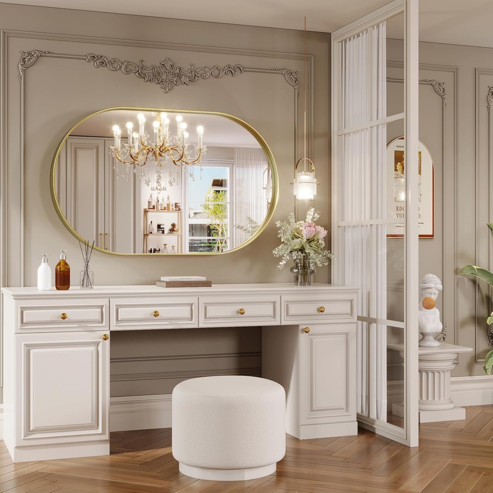 BEAUTYPEAK 22"x38" Oval Bathroom Wall Mirror with Deep Frame,Gold