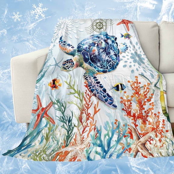 Sea Turtle Coastal Cooling Blanket,Lightweight Breathable Summer Throw Blanket with Double Sided Cold Effect,Summer Beach Coral Ocean Nautical Picnic Blankets Bed Sheet for Hot Sleepers 60"x80"