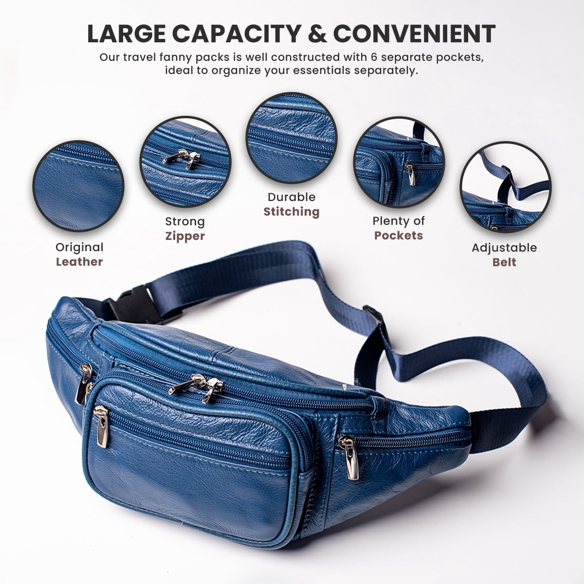 Fanny Pack Leather Waist Bag Hip Belt Zipper Pouch Pocket Travel Sport for Men