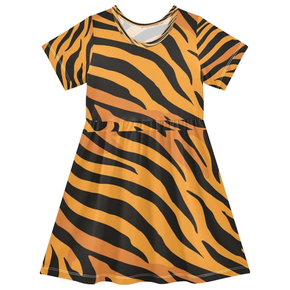 Toddler Girls Short Sleeve Summer Dress, Cute Casual Print Dress for Girls 2-8 Years, Soft Breathable Comfortable Daily Beach Party Dress Classic Tiger Stripes
