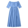 thumbnail image 4 of ClodeEU Women's Linen Blend Off The Shoulder 3/4 Sleeve Lace Patchwork Maxi Dress,Casual Beach Dress with Side Slit Blue,Women's Plus S, 4 of 7