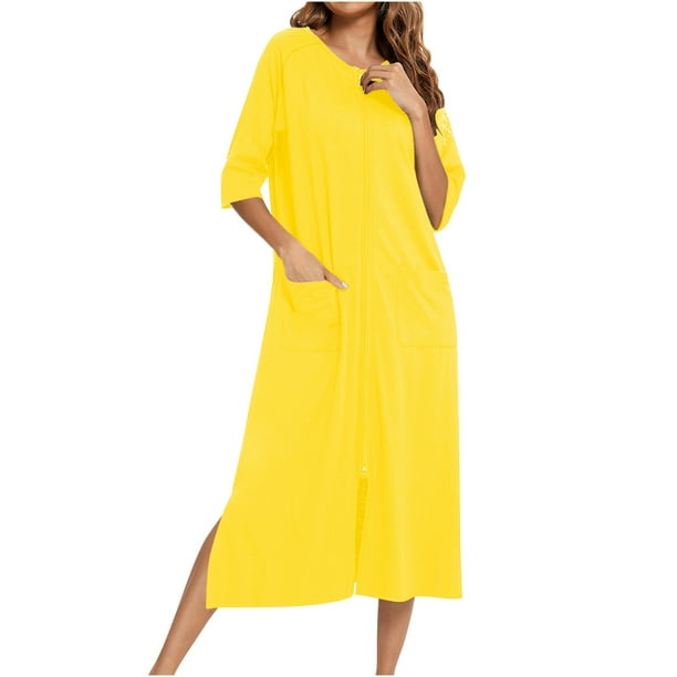 Karight Women Zipper Robe 3/4 Sleeves Housecoat Dress Full Length Nightgown with Pockets Lounge House Coats Long Bathrobe