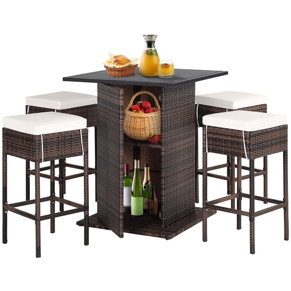 Gymax 5PCS Patio Bar Set Rattan Bar Furniture Set w/ Table & 4 Cushioned Stools