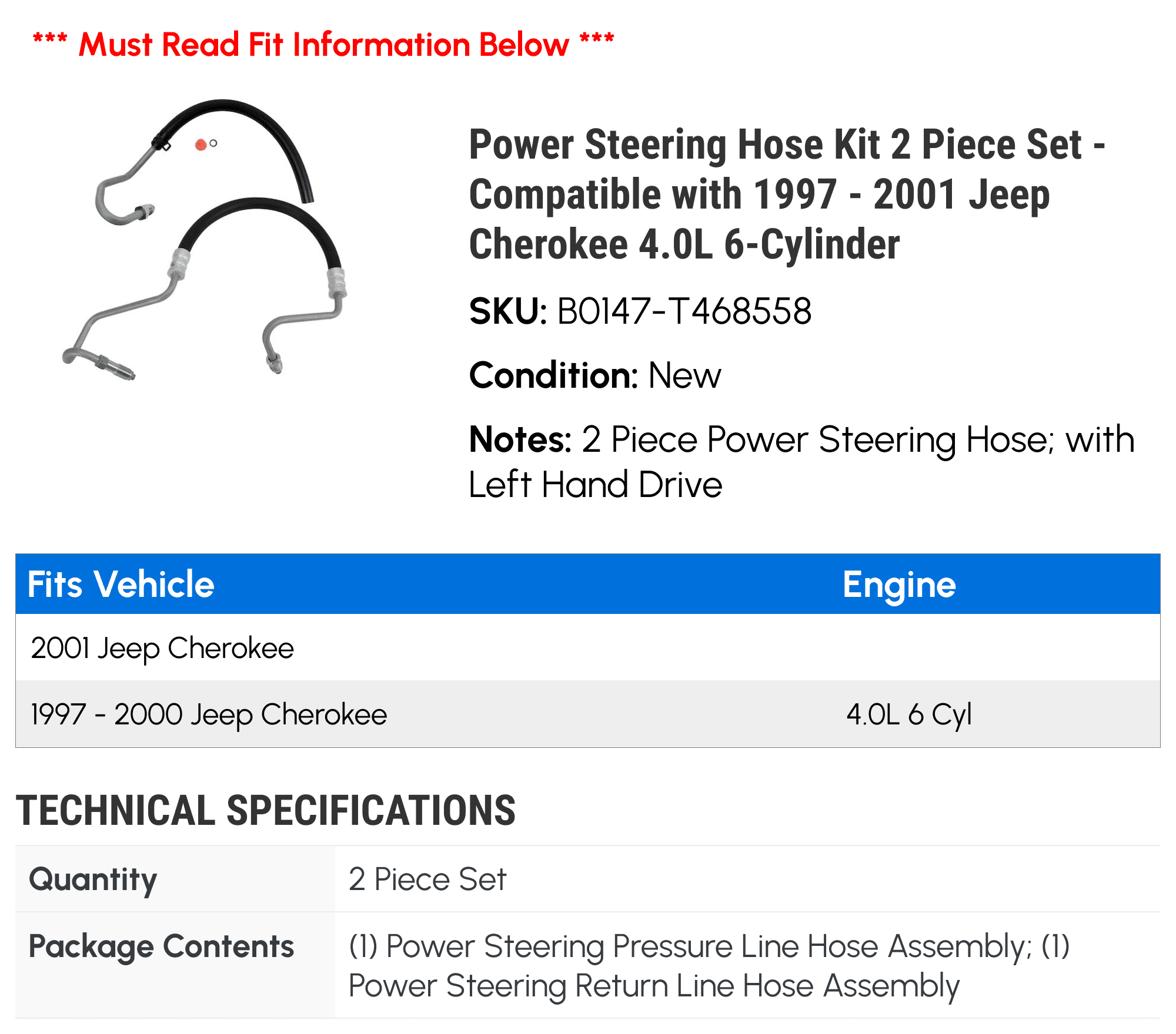 Power Steering Hose Kit 2 Piece Set - Compatible with 1997 - 2001 Jeep Cherokee 4.0L 6-Cylinder 1998 1999 2000