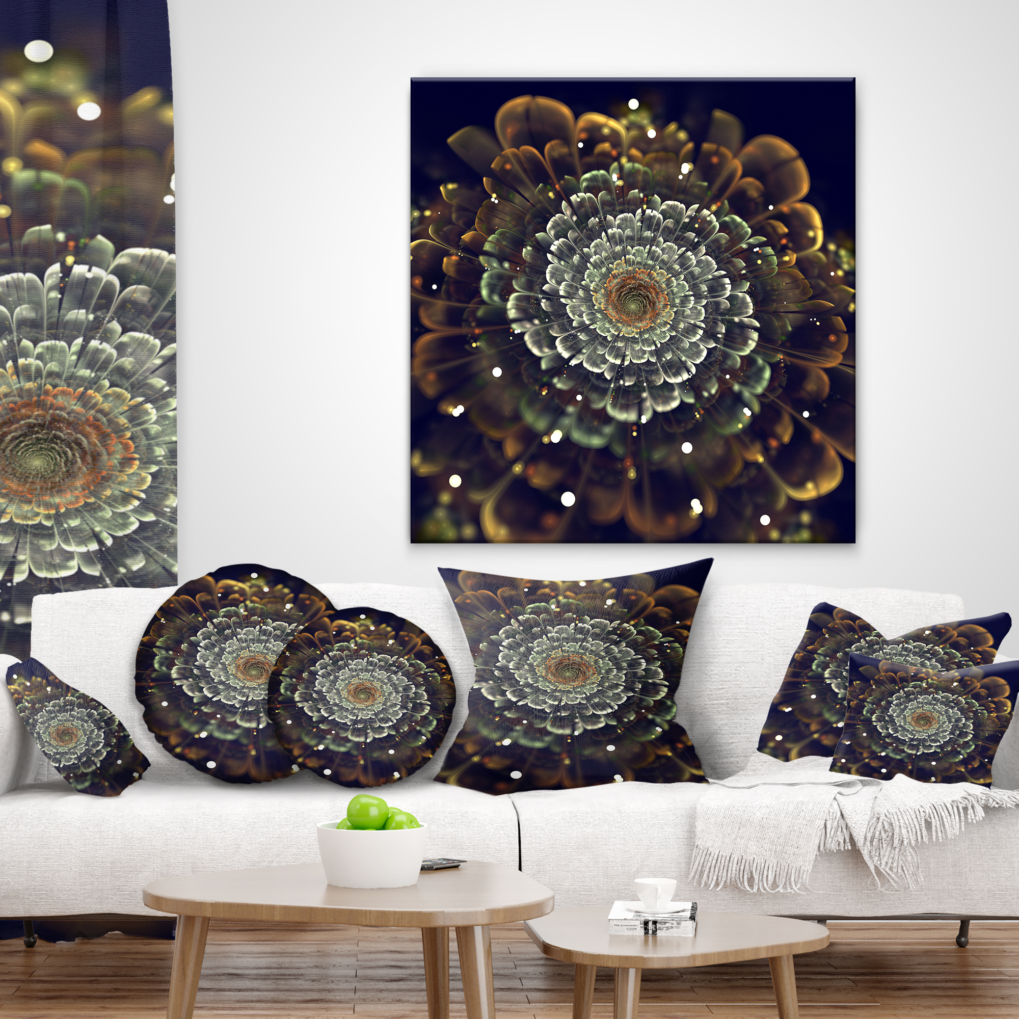 Designart Perfect Fractal Flower in Orange and Silver - Floral Throw Pillow - 12x20