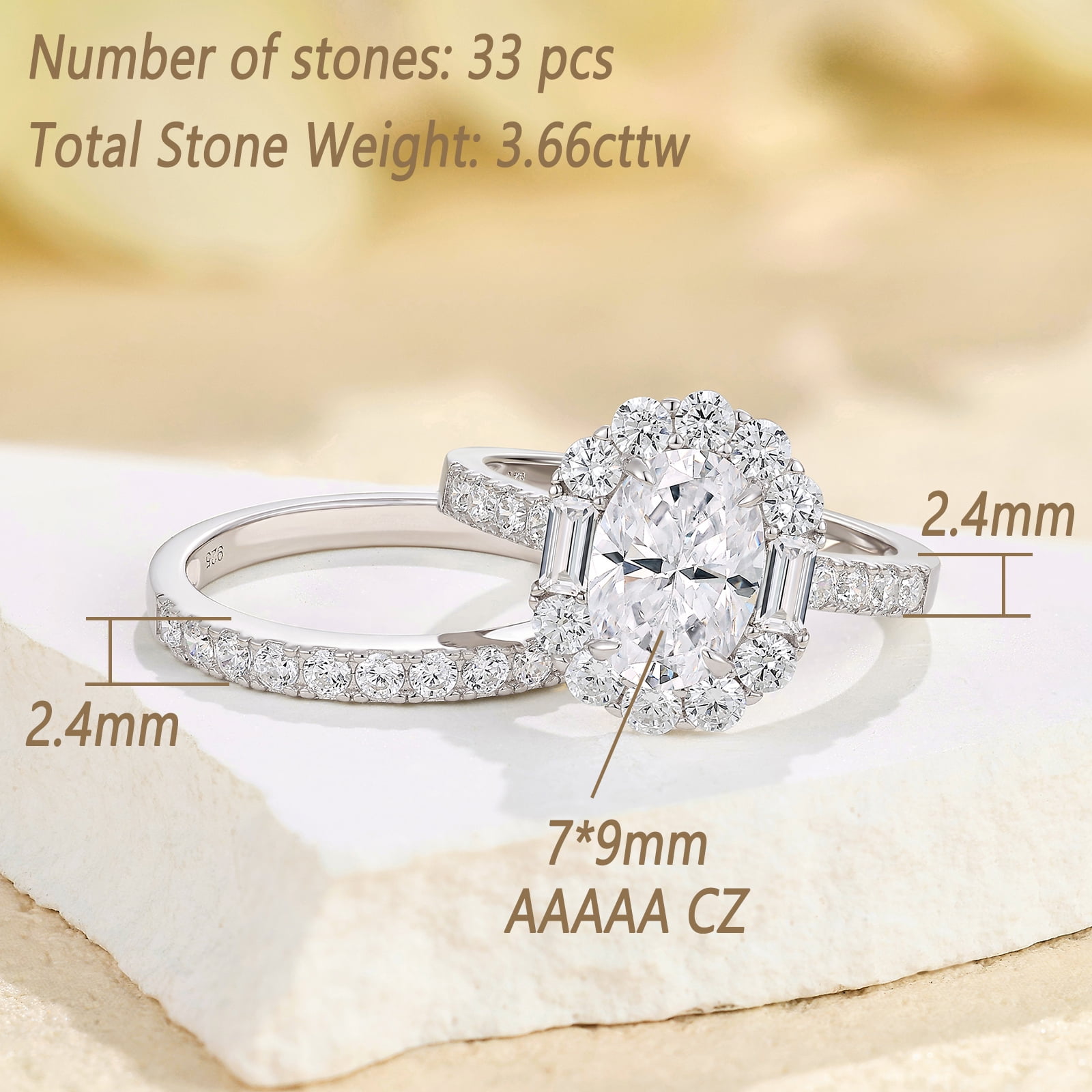Wuziwen 3.6 Ct Oval Wedding Ring Sets Halo Engagement Rings for Women 925 Sterling Silver Cubic Zirconia Size 6