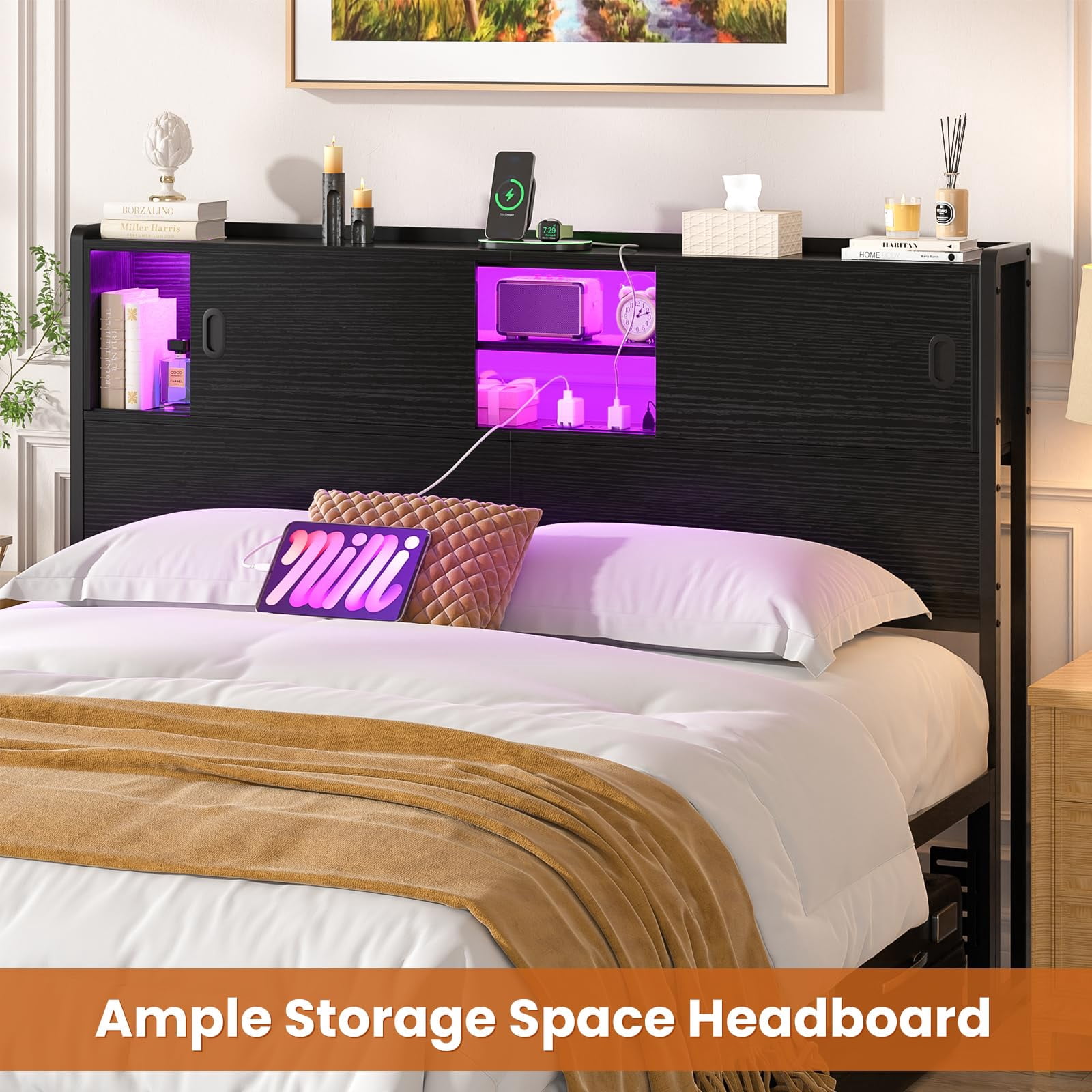 Homieasy Queen Size Storage Headboard with Charging Station, LED Light & Sliding Doors - Sturdy Bookcase Headboard with Bed Adapter for Bedroom, Black