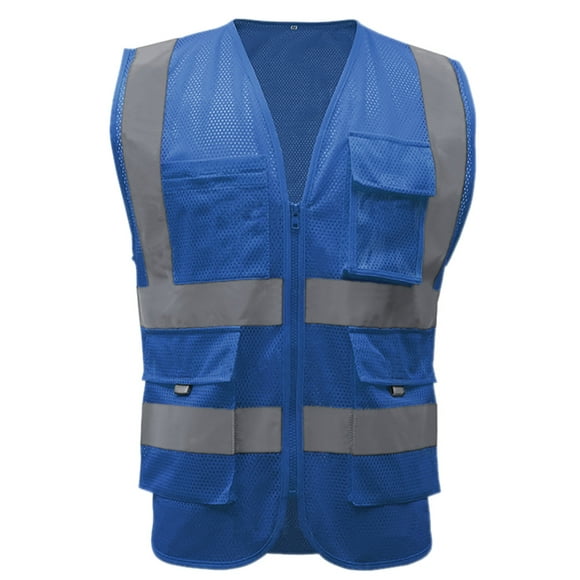GOGO 9 Pockets High Visibility Zipper Front Safety Vest With Reflective Strips, Meets ANSI Standards-Blue Mesh-XL