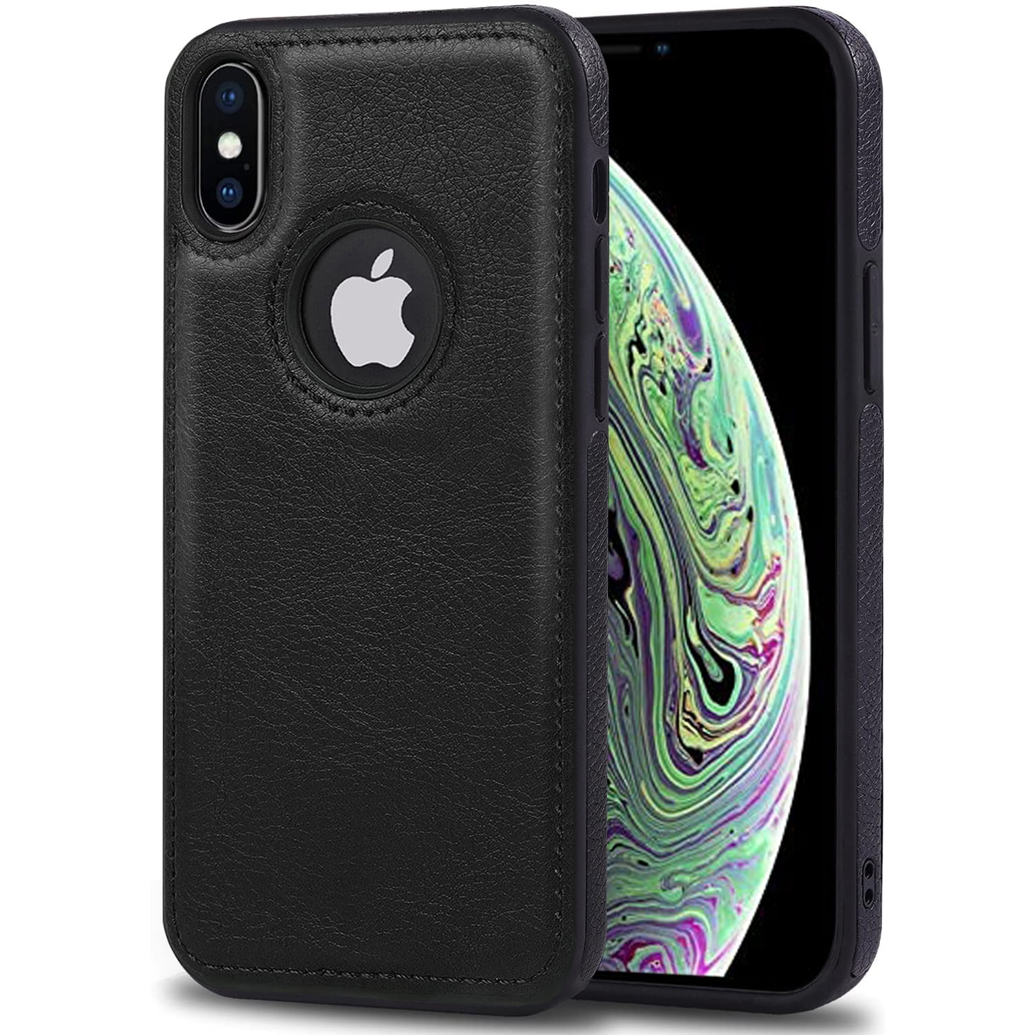 AIOVETEAB Compatible with iPhone XS Max Case Premium Leather TPU Hybrid Case Cover,Black