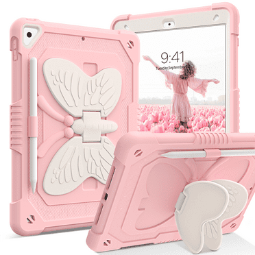 GAOBAO for iPad 9th 8th 7th Generation Case with Kickstand Butterfly Wings Pencil Holder for iPad 10.2 Case Heavy Duty Shockproof Protective Cover Girl Kids Tablet Cover, Pink