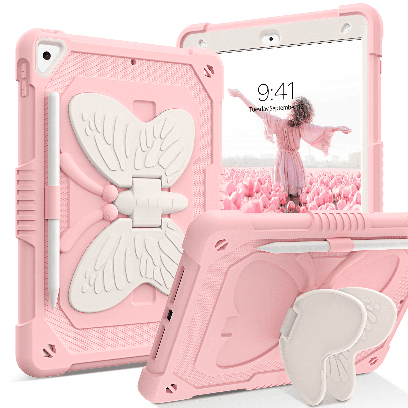 GAOBAO for iPad 9th 8th 7th Generation Case with Kickstand Butterfly Wings Pencil Holder for iPad 10.2 Case Heavy Duty Shockproof Protective Cover Girl Kids Tablet Cover, Pink