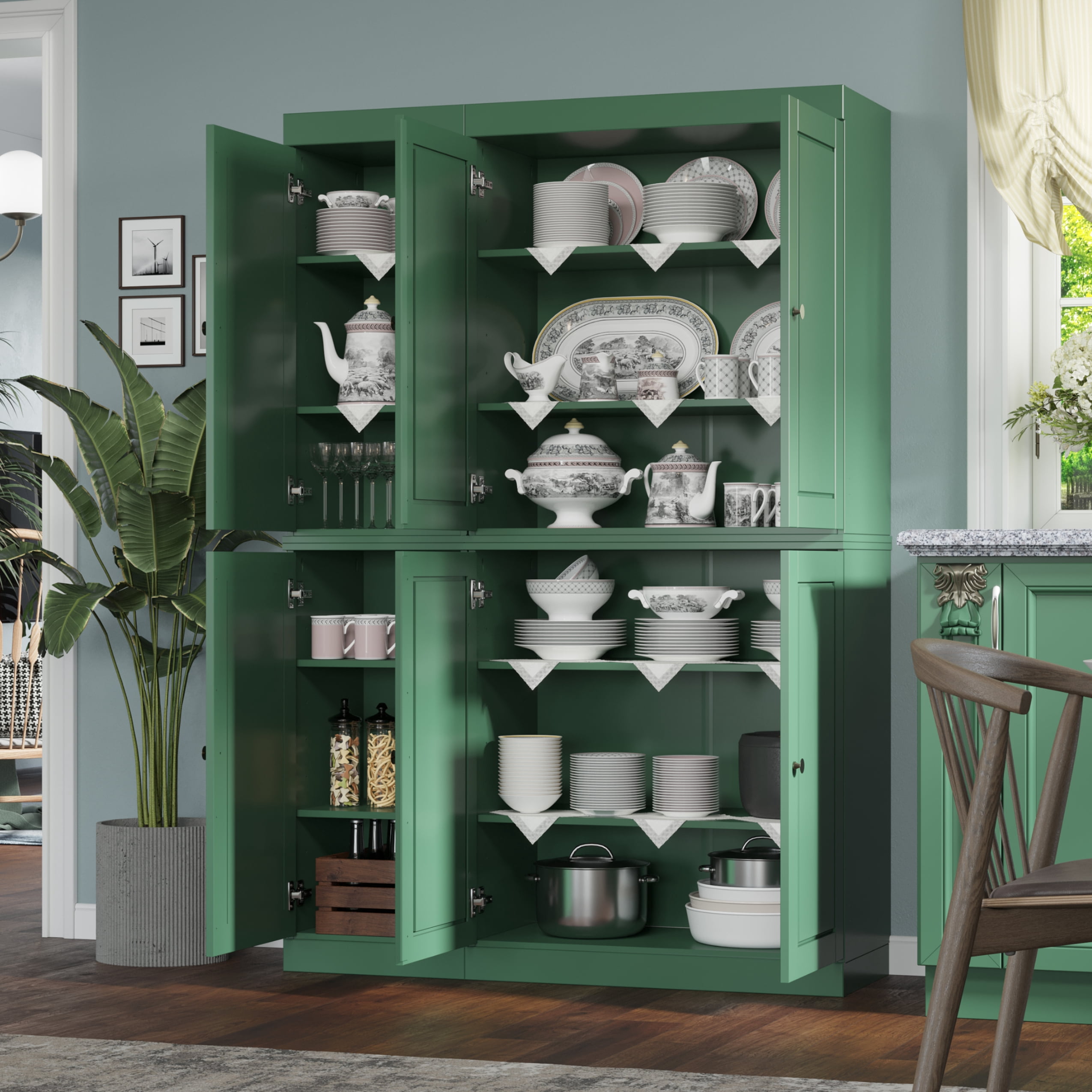 Palace Imports 100% Solid Wood Kitchen Pantry Storage Cabinet with Doors and Adjustable Shelves, 6-Door, Green