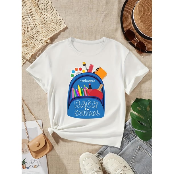Girls' Back-to-School Cute & Casual Short Sleeve T-Shirt with Colorful Pencil & Letter Print - Breathable Cotton Blend, Machine Washable