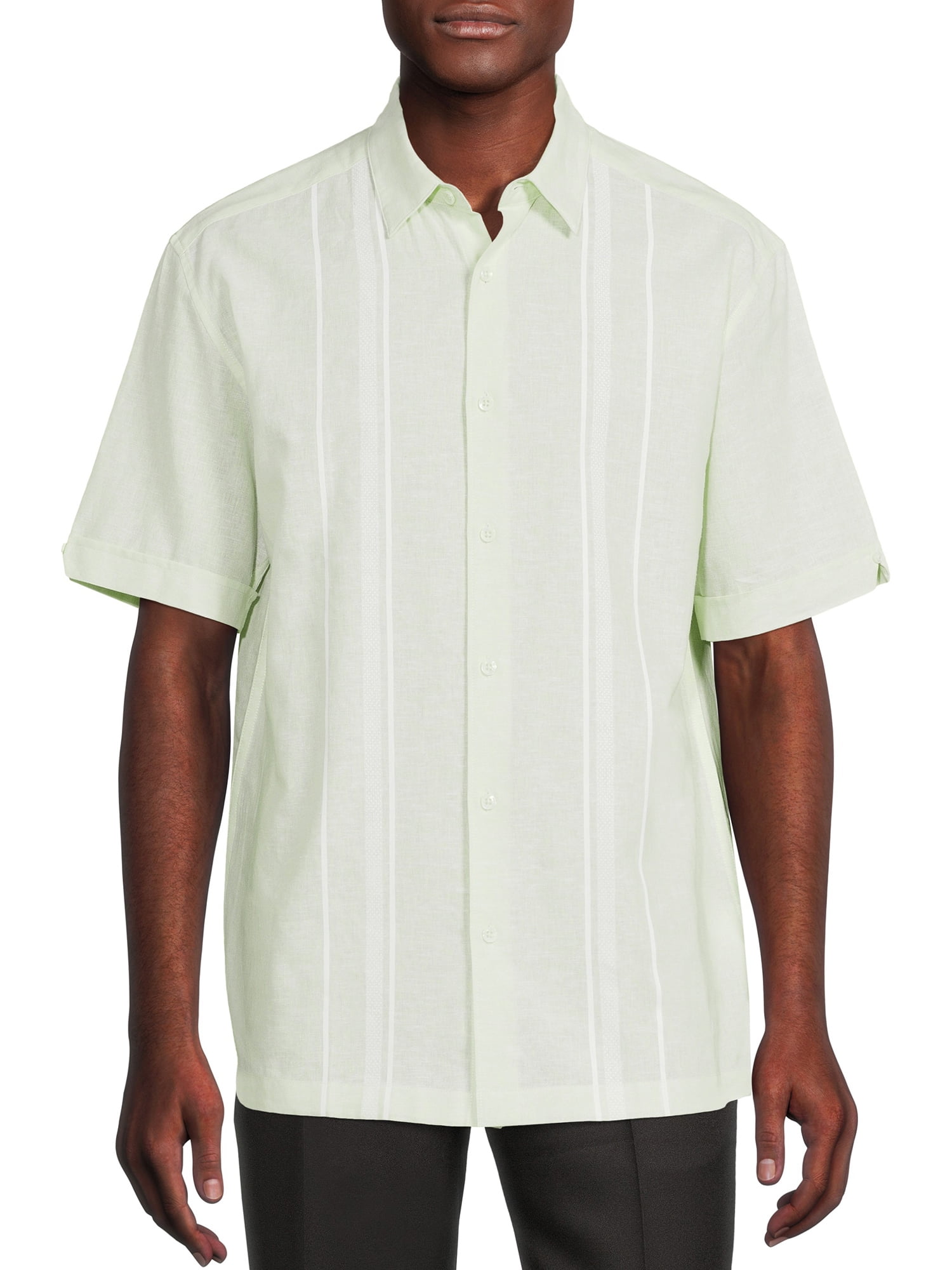 Cafe Luna Men's Short Sleeve Linen Cotton Panel Woven Shirt