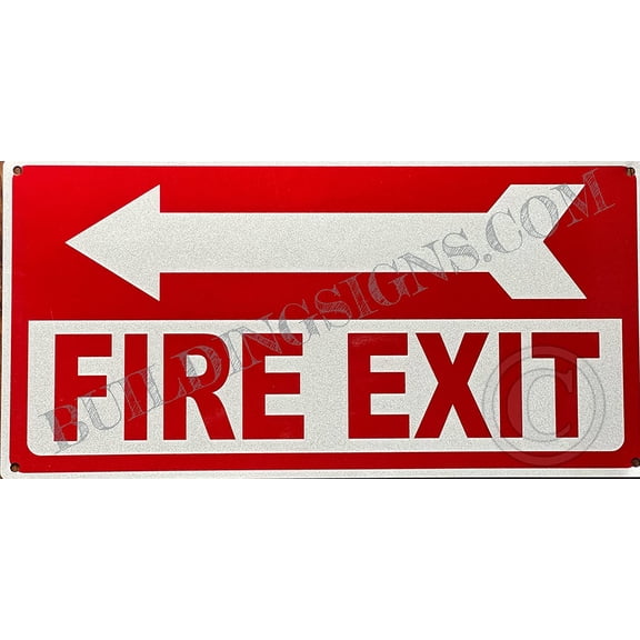 FIRE EXIT with Left Arrow Sign (Reflective !!!, Rust Free-Aluminum, White, 6X12 INCH) (ref-2201)