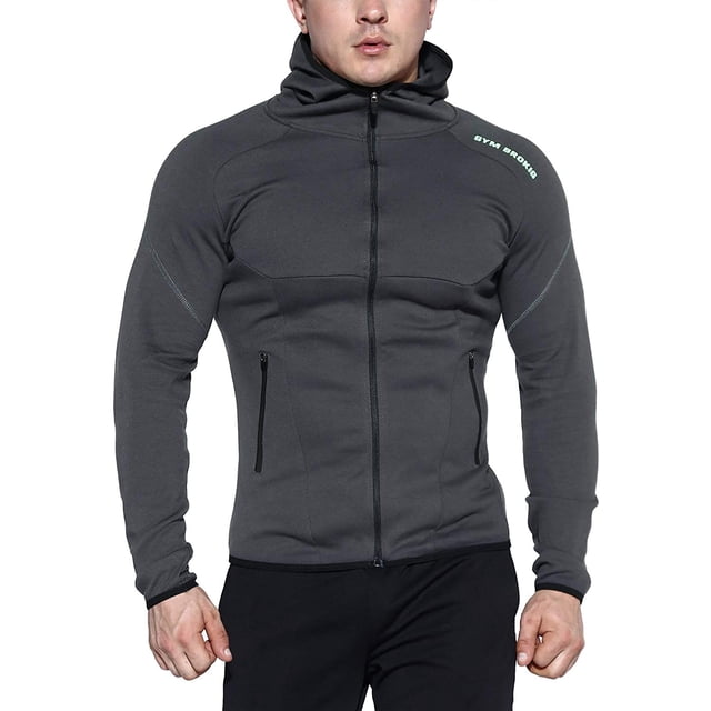 Mens Gym Hoodie, Training Workout Muscle Hooded Sweatshirts with Zipper Pockets