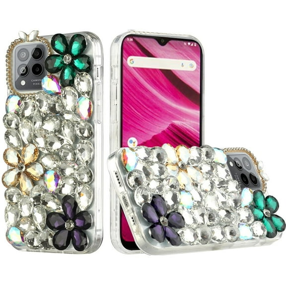 For Revvl 6X Pro 5G (T-Mobile) Fashion Bling Crystal 3D Full Diamond Luxury Transparent Rhinestone Hybrid Cover ,Xpm Phone Case [ Green/ Gold/ Purple ]