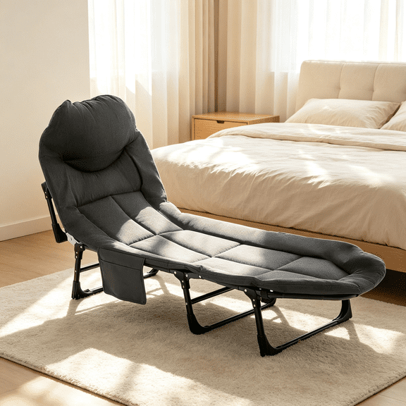 Foldable Guest Bed with Mattress, Outdoor Camping Cot with 4-Position Adjustable Reclining Nap Chair for Home Office, Supports 250LBs, Black